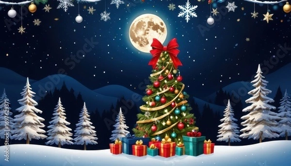 Fototapeta Festive Christmas tree decorated with ornaments and ribbons illuminated under full moon in snowy winter landscape with pine trees and starry sky