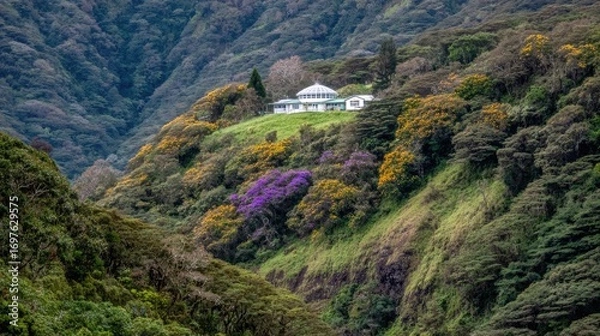 Obraz Lush valley with house nestled on hillside