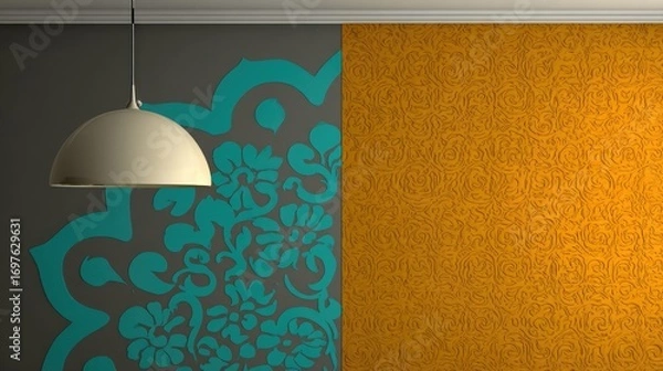 Fototapeta Room interior with teal and orange patterned walls, and a white pendant light