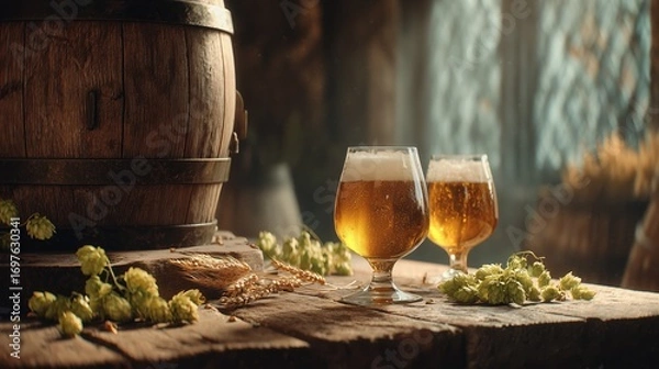 Fototapeta cinematic photograph of two glasses of beer, hop flowers, and wheat on a wooden table with an old barrel in the background. a large empty space is available on the left side.