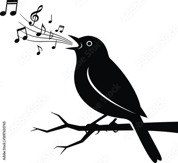Fototapeta Illustration of a singing bird a branch with musical notes, perfect for music