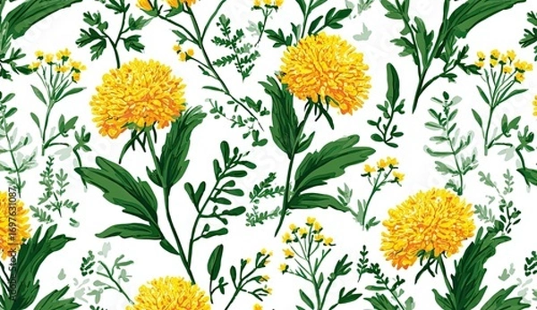 Fototapeta Floral pattern of bright yellow dandelions and greenery on white background