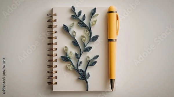 Fototapeta Small notebook with paper filigree and yellow pen