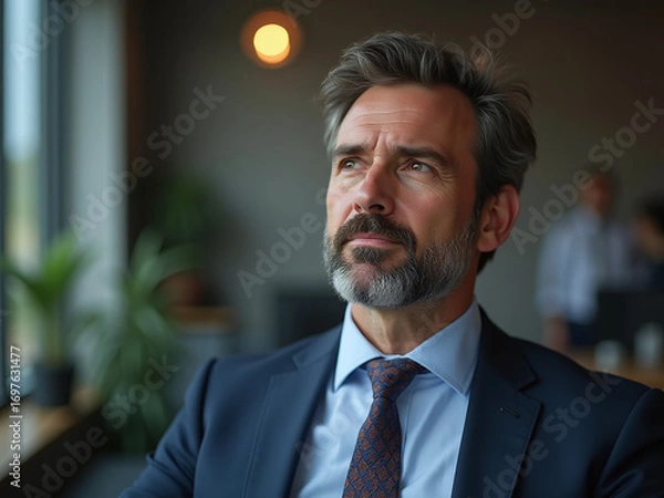 Fototapeta Professional man in a suit deeply reflecting, envisioning success and future opportunities in a modern business environment