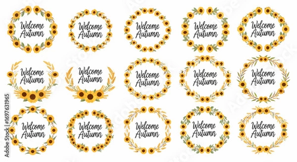 Fototapeta Beautiful collection of circular welcome autumn signs adorned with sunflowers and fall foliage, perfect for seasonal decorations and themes