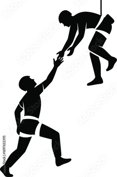 Fototapeta Silhouette of climber helping another reach top, symbolizing support and teamwork
