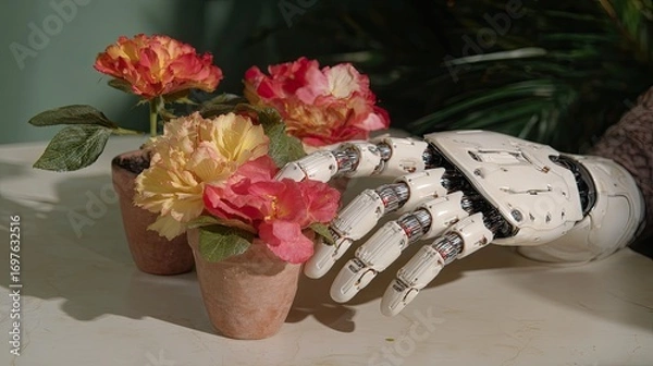 Fototapeta Robotic hand tending small flower pots