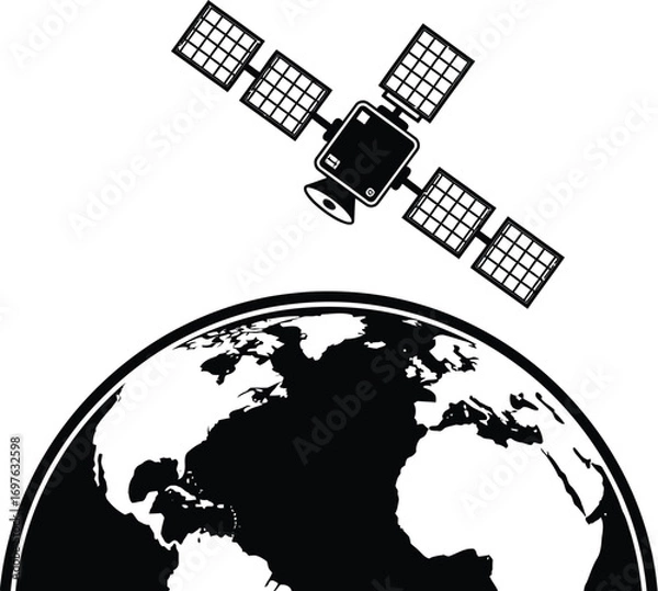Fototapeta Satellite orbiting earth silhouette, representing global communication and technology