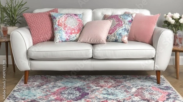 Fototapeta White sofa with colorful throw pillows and patterned rug