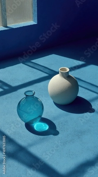 Fototapeta Two vases, one teal, one white, on a blue floor, sunlight casts shadows