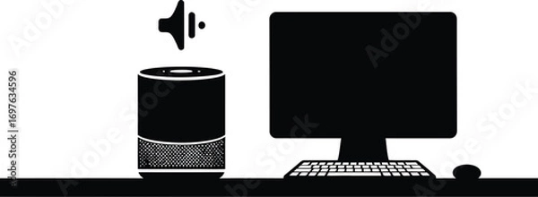 Fototapeta Smart speaker next to a desktop computer modern technology concept for home or office