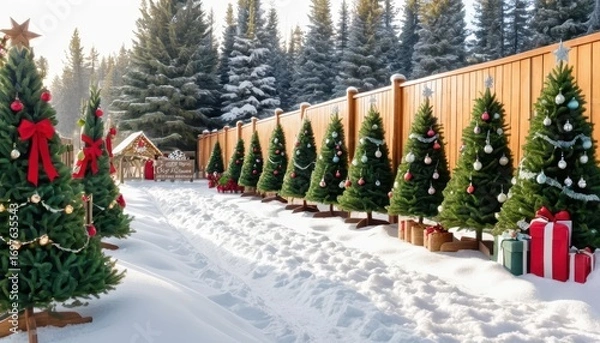 Fototapeta Festive Christmas Tree Line with Decorations and Gift Boxes in Snowy Winter Landscape Behind Wooden Fence in Forest Setting