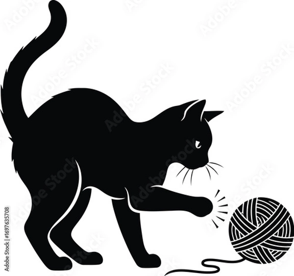 Fototapeta A black cat is playing with a ball of yarn, cat is having a fun