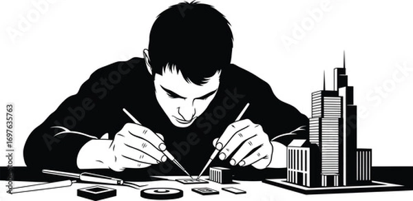 Fototapeta A young man building a model of a skyscraper and he is using tweezers