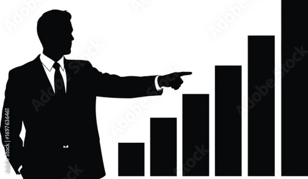 Fototapeta Silhouette of a businessman pointing at a bar graph showing growth