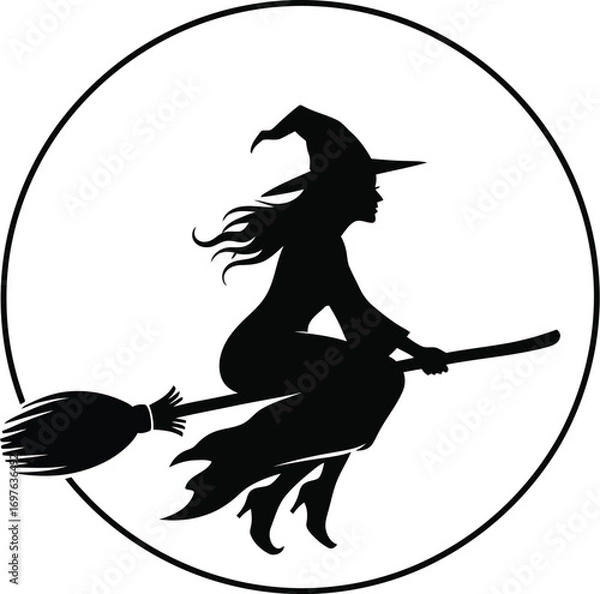 Fototapeta Silhouette of a witch flying a broomstick in front of moon