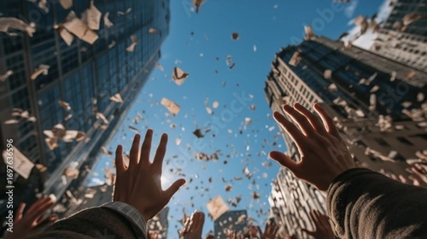 Fototapeta Dynamic, chaotic scene of hands reaching upwards amidst a torrent of papers and documents falling from between towering modern buildings. 