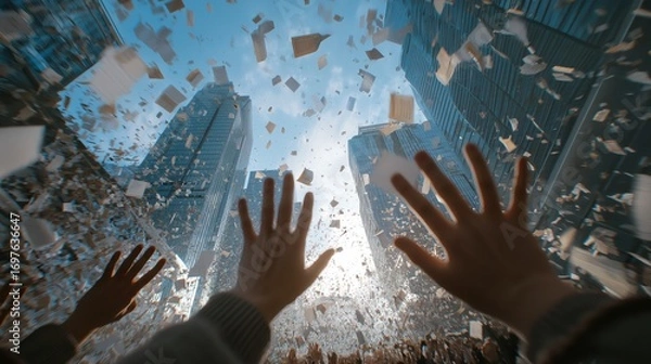 Fototapeta Dynamic, chaotic scene of hands reaching upwards amidst a torrent of papers and documents falling from between towering modern buildings. 