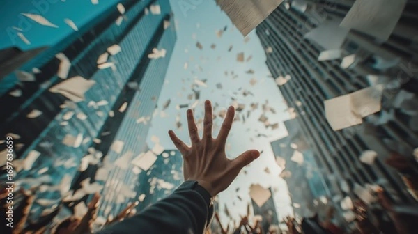 Fototapeta Dynamic, chaotic scene of hands reaching upwards amidst a torrent of papers and documents falling from between towering modern buildings. 