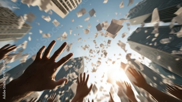 Fototapeta Dynamic, chaotic scene of hands reaching upwards amidst a torrent of papers and documents falling from between towering modern buildings. 