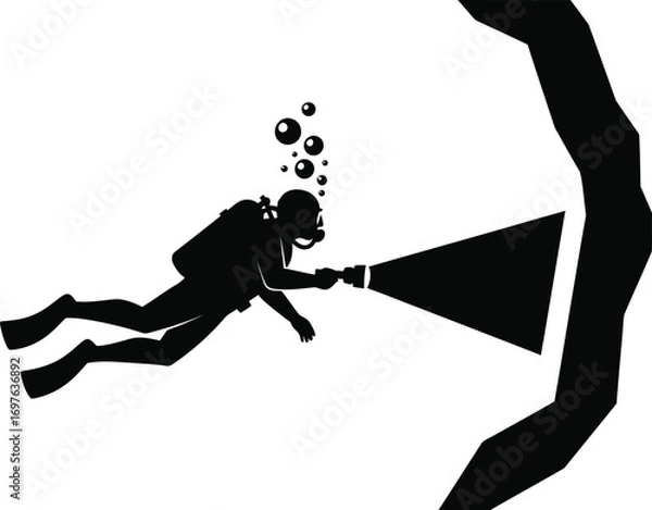 Fototapeta Silhouette of a scuba diver exploring a cave with a flashlight, adventure concept