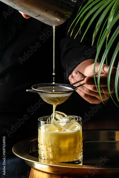 Fototapeta Bartender pouring a fresh cocktail through a strainer into a glass with ice