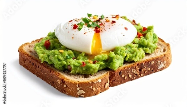 Fototapeta Avocado Toast with Poached Egg and Spices, White Background.