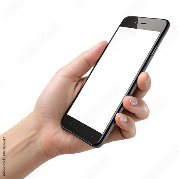 Fototapeta Hand holding smartphone mobile phone cellphone device technology communication gadget screen illustration, isolated on transparent background