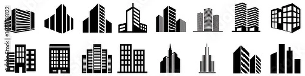 Fototapeta Collection of stylized architectural icons representing diverse building designs for urban environments and cityscapes	