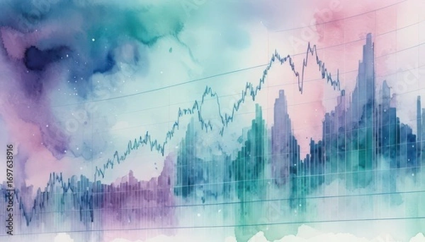 Fototapeta Abstract watercolor style financial graph with colorful trend line and rising data points on a textured background for economic analysis or stock market illustration