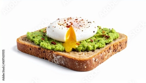 Fototapeta Avocado toast with a poached egg and runny yolk, seasoned with spices and isolated on a white background.