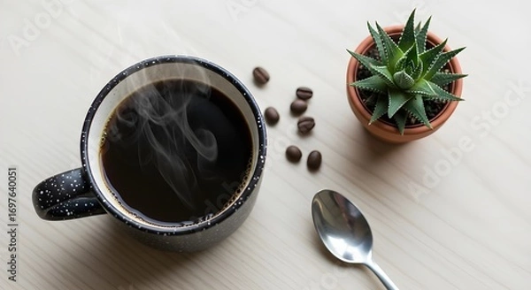 Fototapeta Overhead View of Coffee in Speckled black Mug with Succulent