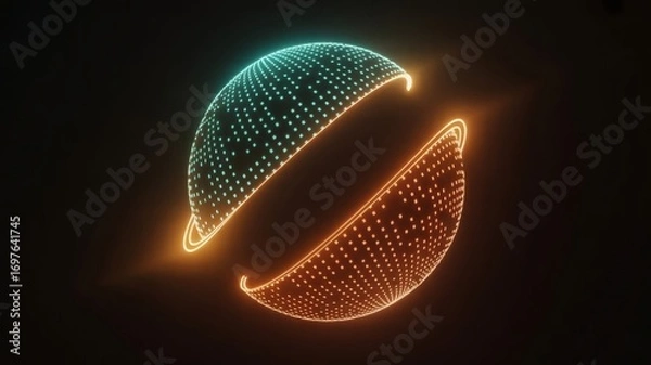 Fototapeta Two hemispheres with glowing dots, one cyan and one orange, face each other in a black space. The image is a graphic resource for the Adobe Stock service.
