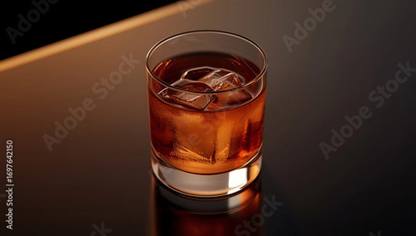 Fototapeta Professional photo of a basic alcohol cocktail in a glass for 3D game design, without ice, captured with shallow depth of field and high-contrast warm lighting. The cocktail is placed centrally  