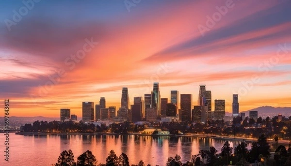 Fototapeta Vibrant Los Angeles skyline at sunset with colorful sky reflecting on the water and iconic skyscrapers creating a stunning urban cityscape scene