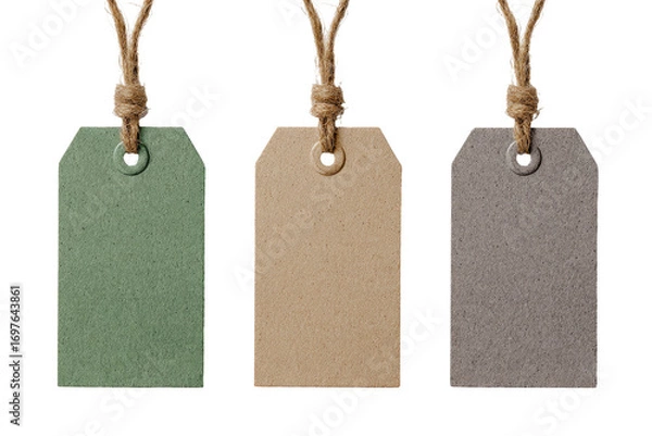 Fototapeta Three blank paper tags, various muted colors, hung by twine
