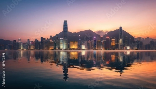 Fototapeta Stunning panoramic view of a modern city skyline at sunset reflecting on calm water with skyscrapers mountains and vibrant sky creating a breathtaking urban landscape