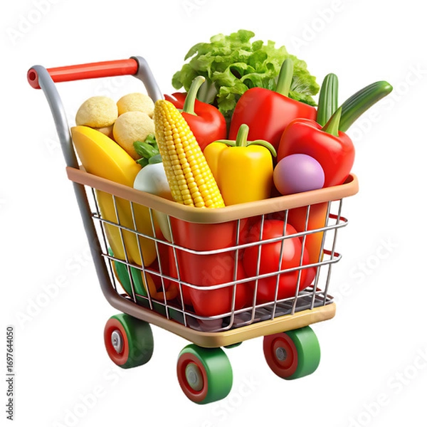 Fototapeta Full shopping cart overflowing with fresh vegetables and produce isolated on transparent background