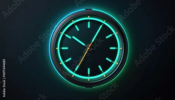 Fototapeta Modern glowing wall clock with neon blue green illuminated outline and minimalist design displaying time in dark environment with high contrast