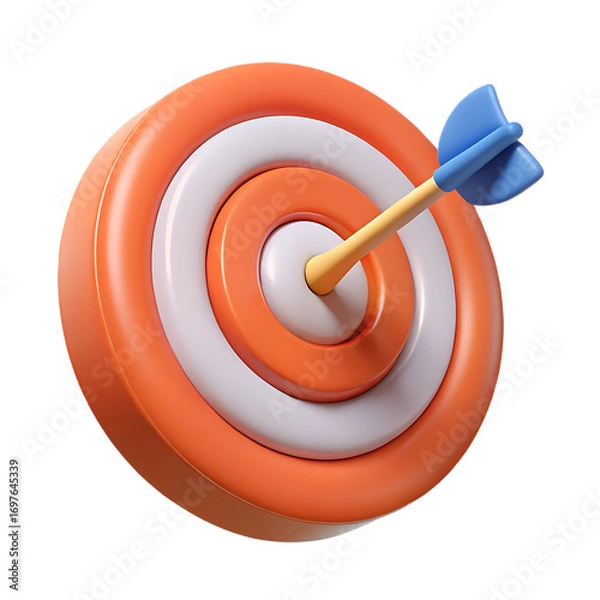 Fototapeta Bright orange and white target with a blue fletched arrow hitting the bullseye isolated on transparent background
