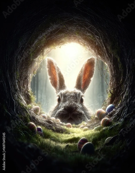 Fototapeta Easter rabbit peeks from a burrow, surrounded by colored eggs