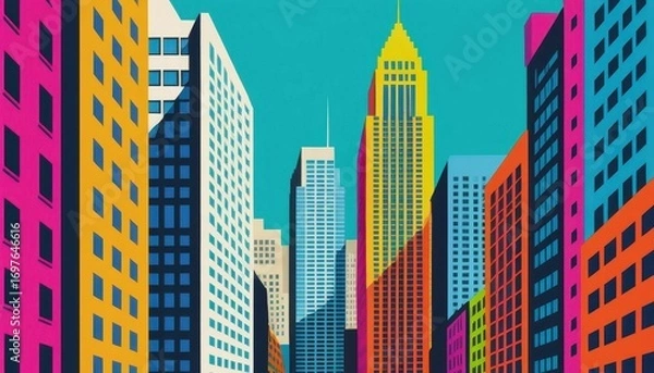 Fototapeta Colorful Abstract Cityscape Illustration Featu Tall Skyscrapers of Various Designs and Bright Colors against a Clear Sky