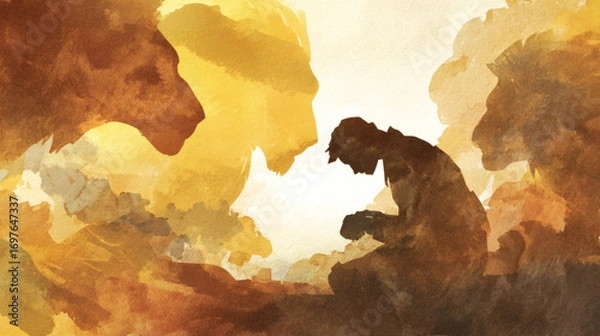 Obraz Deconstructed Watercolor Illustration of Daniel in the Lions' Den with Minimalist Style