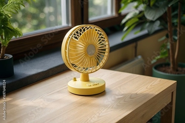 Fototapeta Close-Up of Small Yellow Desk Fan on Wooden Surface with Blurred Background