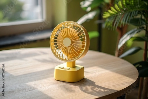 Fototapeta Close-Up of Small Yellow Desk Fan on Wooden Surface with Blurred Background