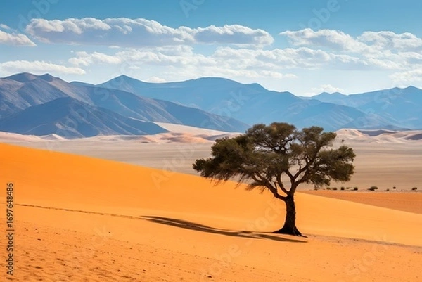Fototapeta Minimalist Landscape of Solitary Tree in Orange Desert with Mountains and Blue Sky