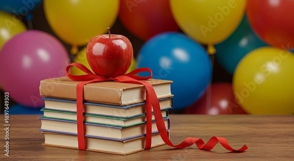 Fototapeta Stack of books with apple and red ribbon, colorful balloons in background, perfect for education, back to school, or celebration themes
