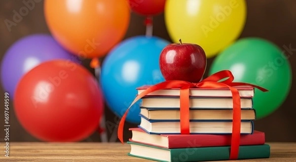 Fototapeta Stack of books with a red apple and ribbon with colorful balloons in the background, perfect for back to school themes