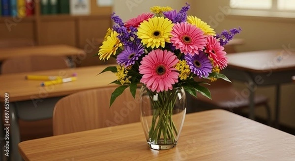 Fototapeta Vibrant floral bouquet in a classroom setting, perfect for adding a touch of joy, beauty, and freshness to educational spaces