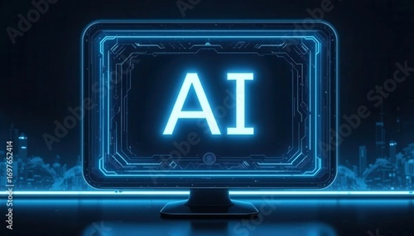 Fototapeta Futuristic artificial ligence concept with glowing AI text on a digital screen surrounded by neural network graphics and technological elements